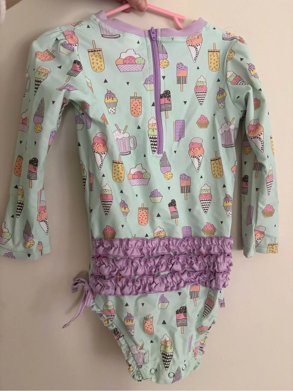 Ruffle Butts Mint Ice Cream & Popsicle Long Sleeve One-Piece with Purple Trim